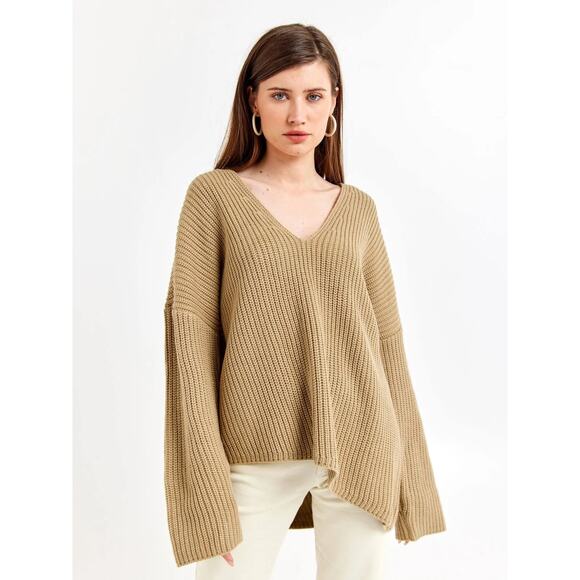 WeWoreWhat Brown Chunky Knit Plunge Neck Long Sleeve Pullover Sweater Top XS/S - Picture 1 of 13